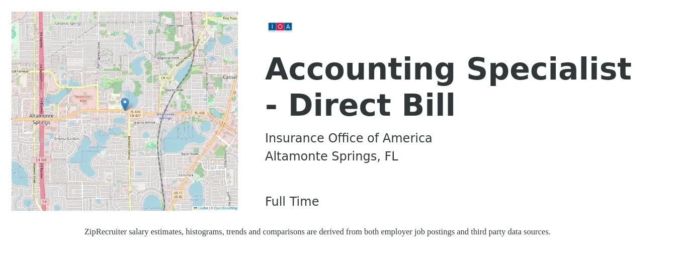 Insurance Office of America job posting for a Accounting Specialist - Direct Bill in Altamonte Springs, FL with a salary of $20 to $27 Hourly with a map of Altamonte Springs location.