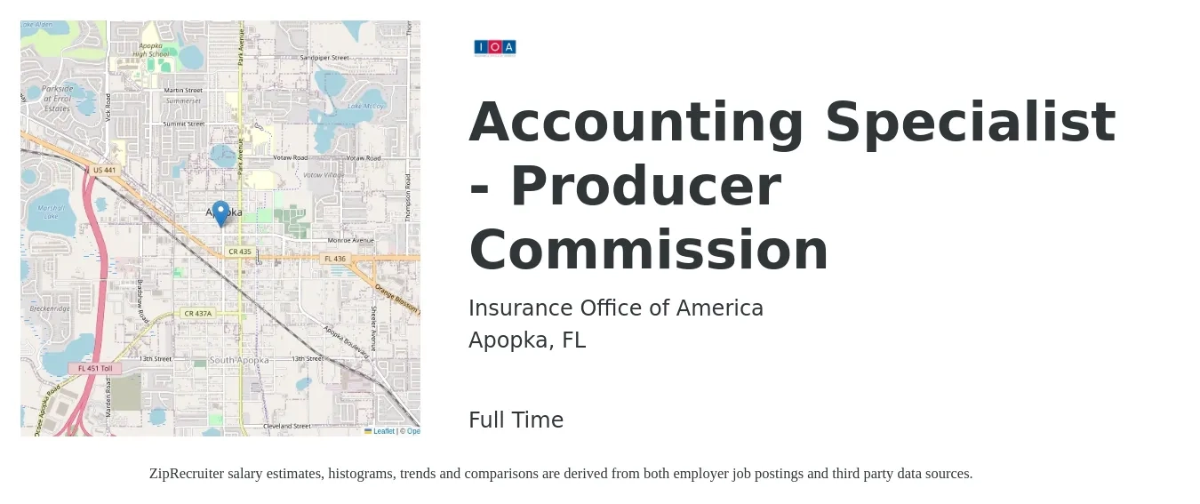 Insurance Office of America job posting for a Accounting Specialist - Producer Commission in Apopka, FL with a salary of $19 to $25 Hourly with a map of Apopka location.