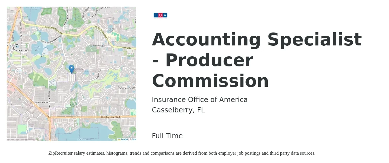 Insurance Office of America job posting for a Accounting Specialist - Producer Commission in Casselberry, FL with a salary of $18 to $25 Hourly with a map of Casselberry location.