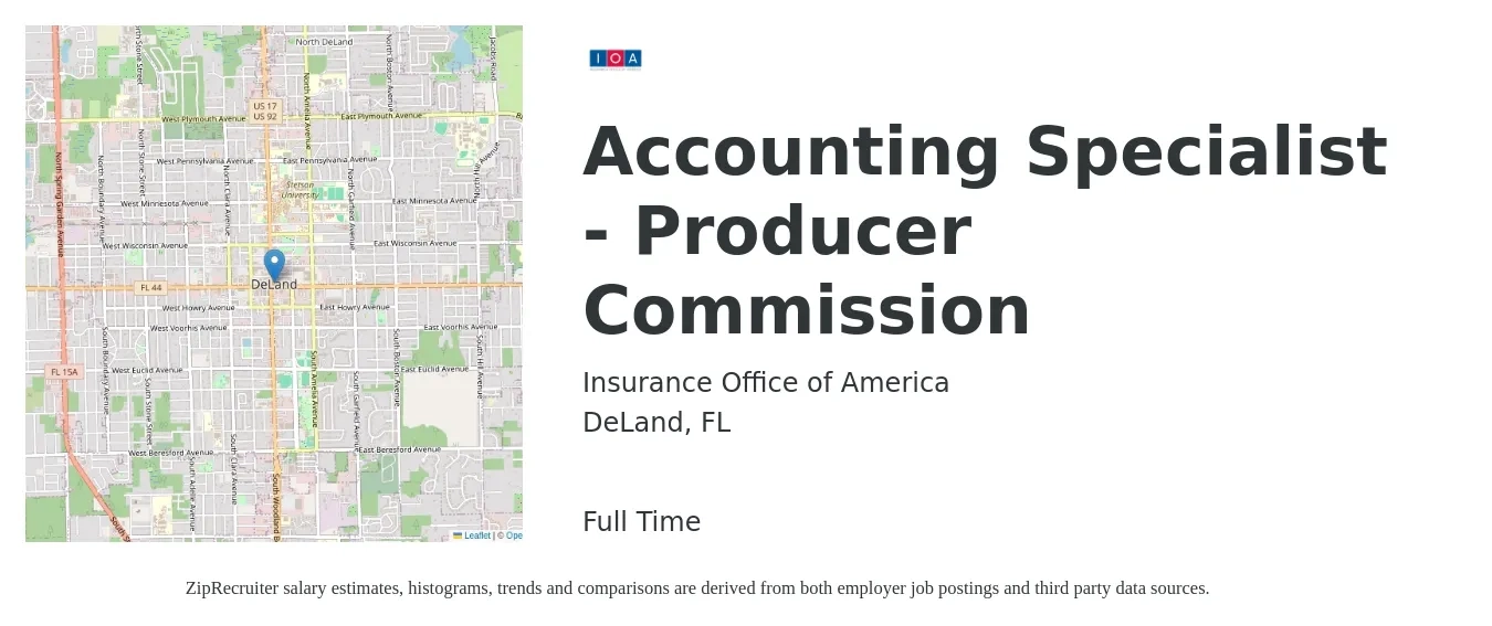 Insurance Office of America job posting for a Accounting Specialist - Producer Commission in DeLand, FL with a salary of $19 to $26 Hourly with a map of DeLand location.