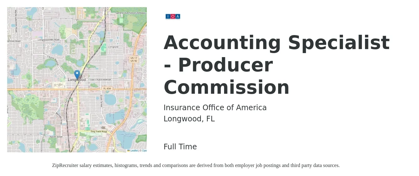 Insurance Office of America job posting for a Accounting Specialist - Producer Commission in Longwood, FL with a salary of $18 to $25 Hourly with a map of Longwood location.