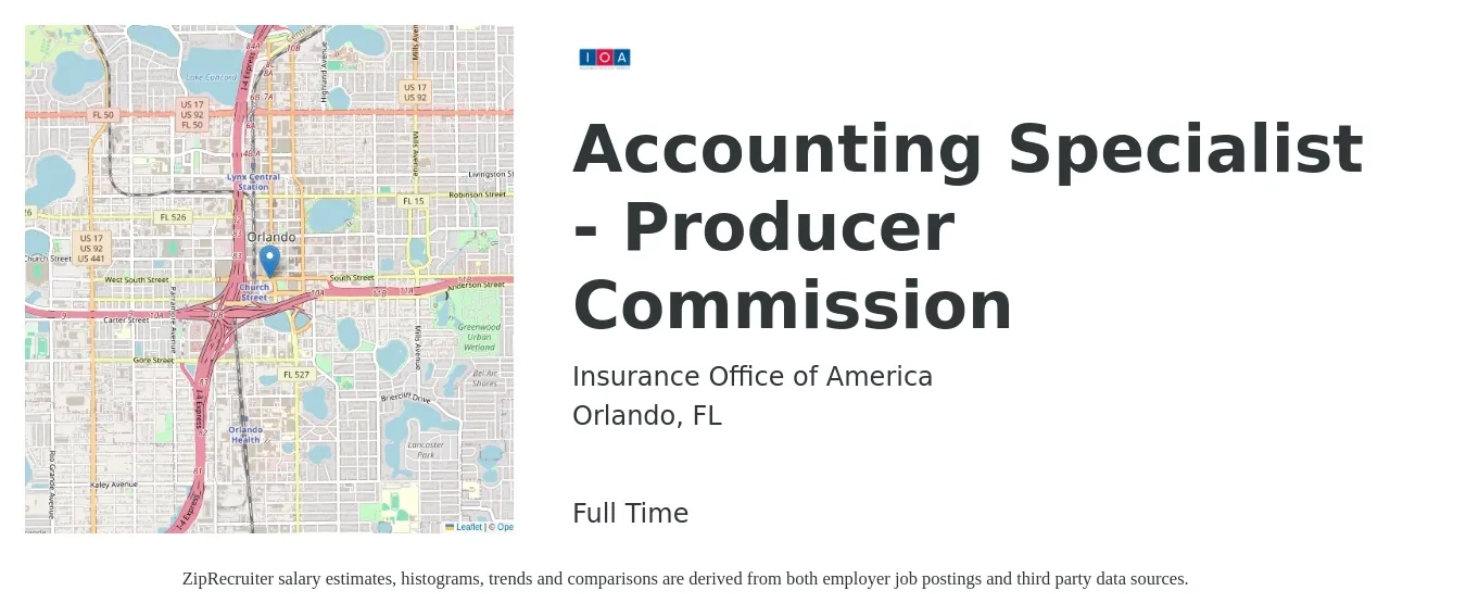Insurance Office of America job posting for a Accounting Specialist - Producer Commission in Orlando, FL with a salary of $20 to $27 Hourly with a map of Orlando location.