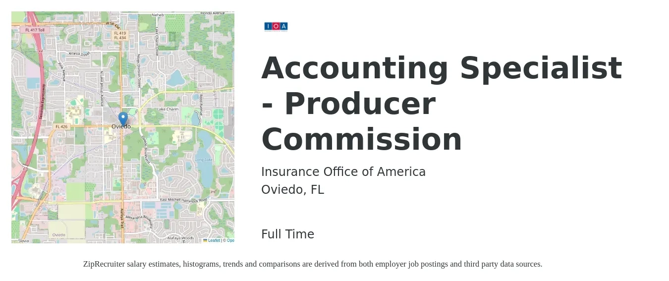 Insurance Office of America job posting for a Accounting Specialist - Producer Commission in Oviedo, FL with a salary of $18 to $24 Hourly with a map of Oviedo location.