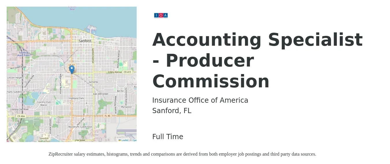 Insurance Office of America job posting for a Accounting Specialist - Producer Commission in Sanford, FL with a salary of $18 to $25 Hourly with a map of Sanford location.