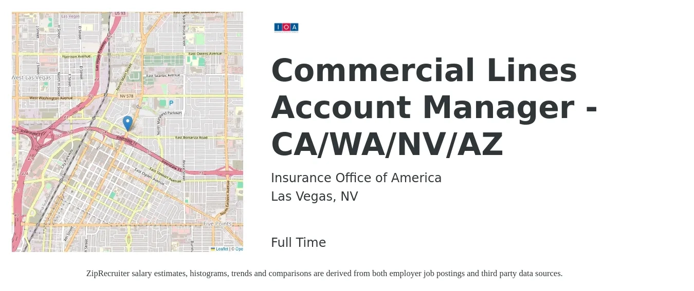 Insurance Office of America job posting for a Commercial Lines Account Manager - CA/WA/NV/AZ in Las Vegas, NV with a salary of $53,000 to $76,900 Yearly with a map of Las Vegas location.