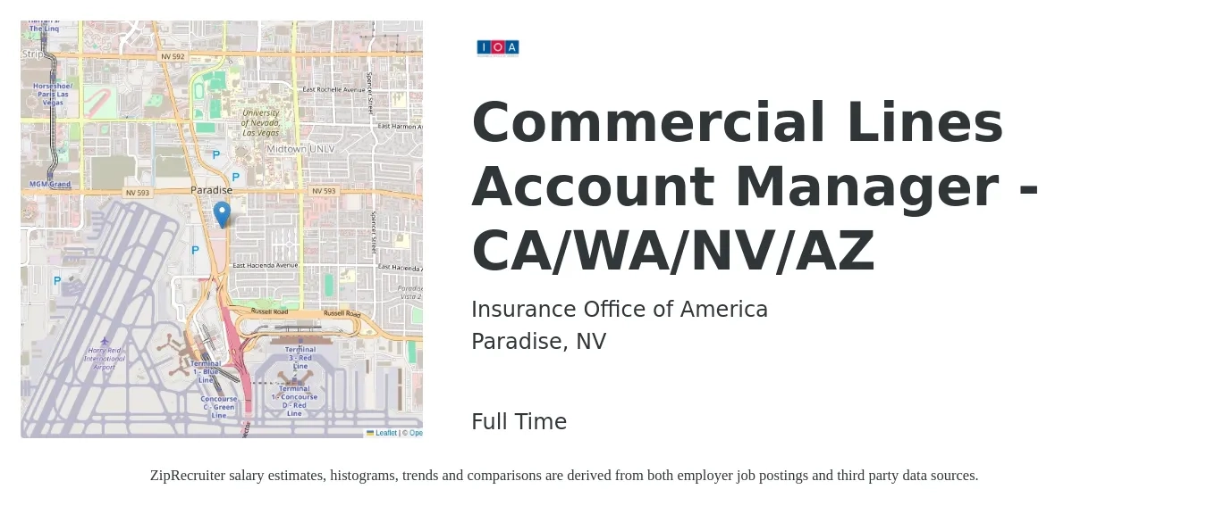 Insurance Office of America job posting for a Commercial Lines Account Manager - CA/WA/NV/AZ in Paradise, NV with a salary of $51,100 to $74,100 Yearly with a map of Paradise location.