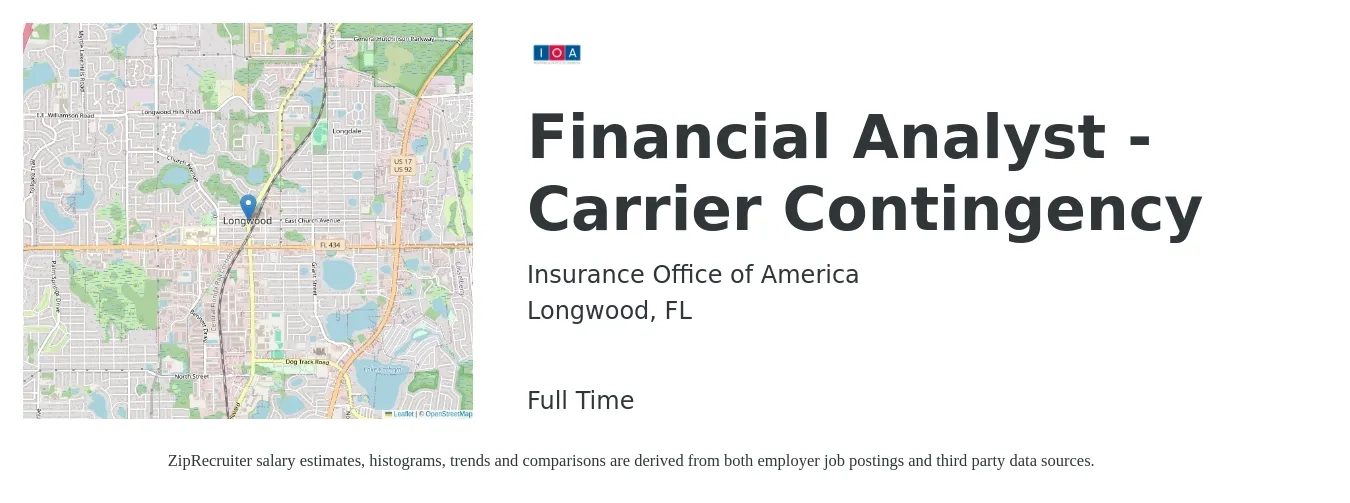 Insurance Office of America job posting for a Financial Analyst - Carrier Contingency in Longwood, FL with a salary of $60,800 to $96,000 Yearly with a map of Longwood location.