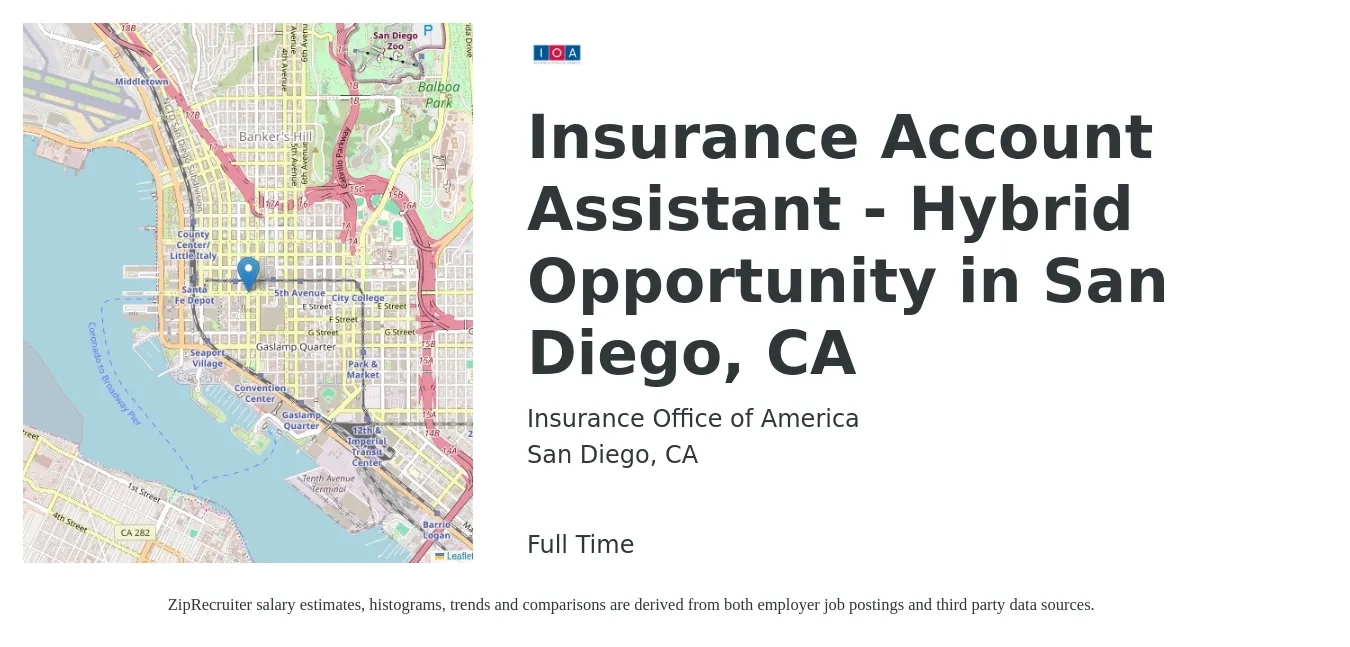 Insurance Office of America job posting for a Insurance Account Assistant - Hybrid Opportunity in San Diego, CA in San Diego, CA with a salary of $31,900 to $47,200 Yearly with a map of San Diego location.