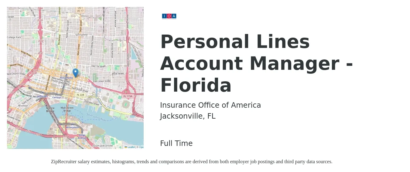 Insurance Office of America job posting for a Personal Lines Account Manager - Florida in Jacksonville, FL with a salary of $41,700 to $56,500 Yearly with a map of Jacksonville location.