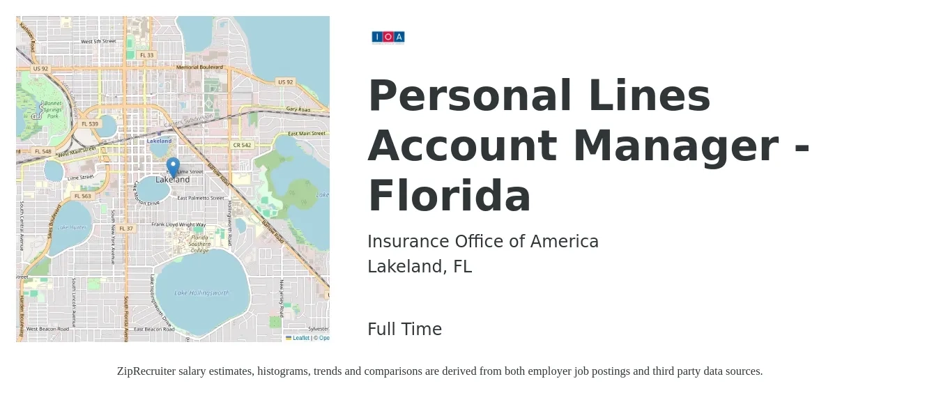 Insurance Office of America job posting for a Personal Lines Account Manager - Florida in Lakeland, FL with a salary of $42,000 to $56,900 Yearly with a map of Lakeland location.