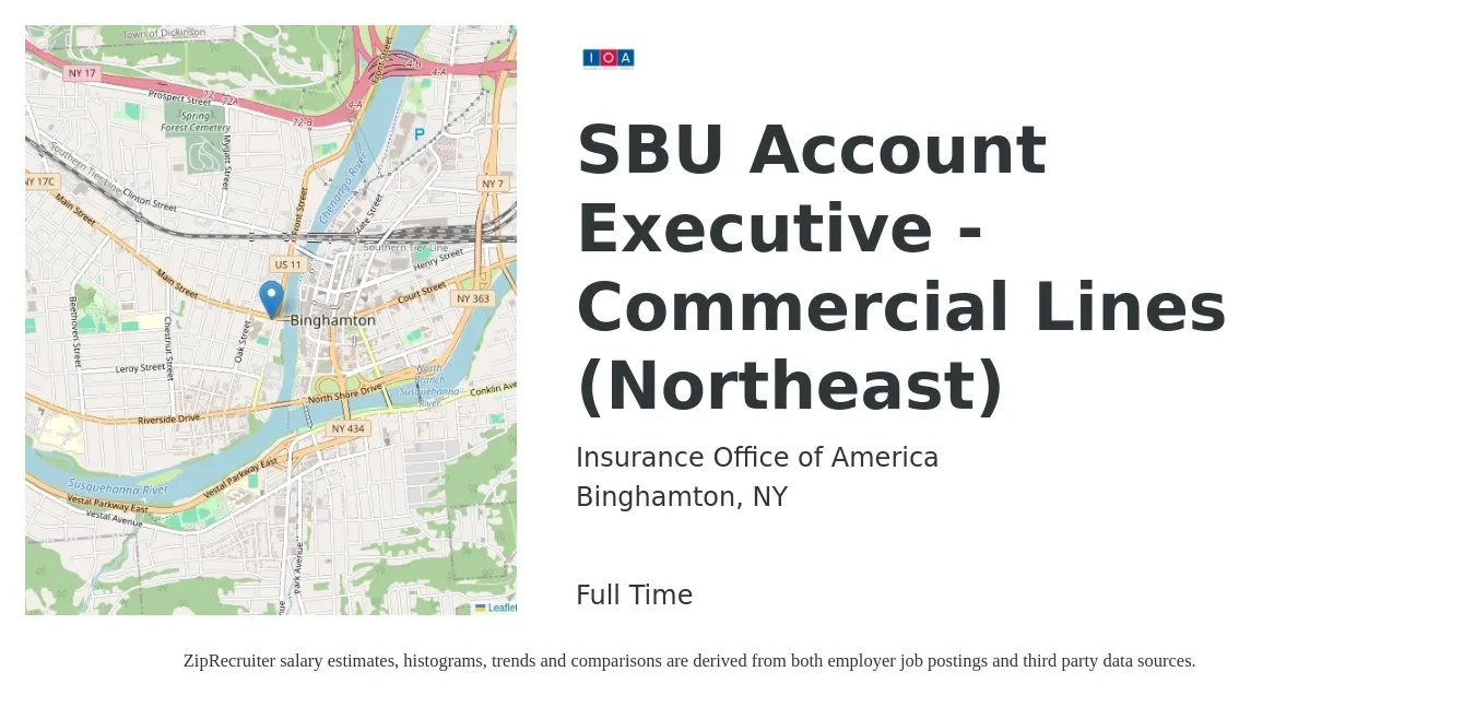 Insurance Office of America job posting for a SBU Account Executive - Commercial Lines (Northeast) in Binghamton, NY with a salary of $57,900 to $111,600 Yearly with a map of Binghamton location.