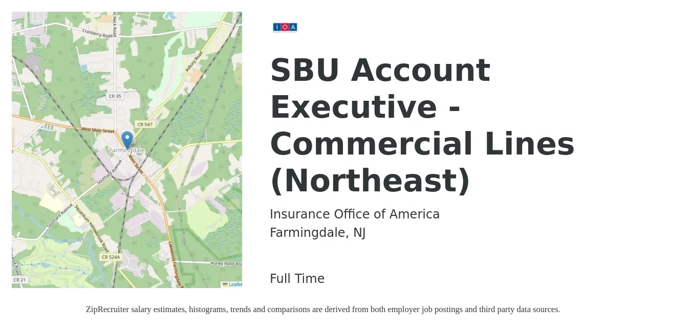 Insurance Office of America job posting for a SBU Account Executive - Commercial Lines (Northeast) in Farmingdale, NJ with a salary of $60,700 to $116,900 Yearly with a map of Farmingdale location.