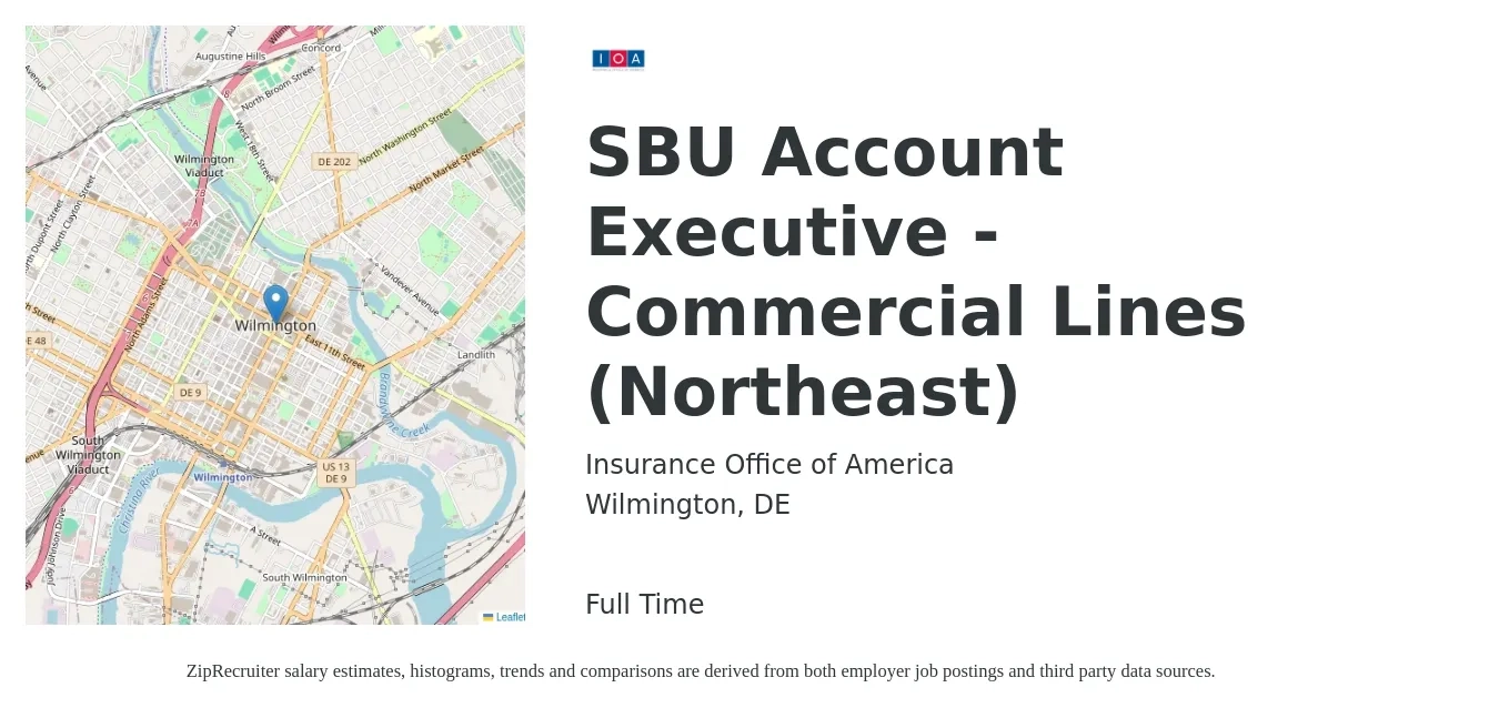 Insurance Office of America job posting for a SBU Account Executive - Commercial Lines (Northeast) in Wilmington, DE with a salary of $58,700 to $113,000 Yearly with a map of Wilmington location.