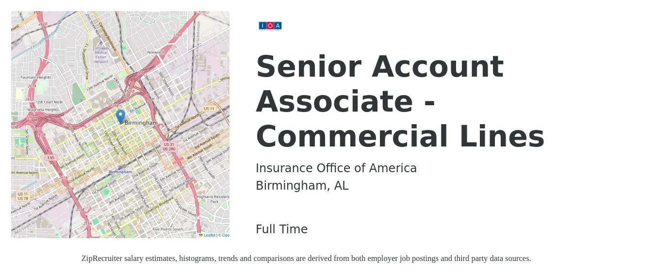 Insurance Office of America job posting for a Senior Account Associate - Commercial Lines in Birmingham, AL with a salary of $40,800 to $56,700 Yearly with a map of Birmingham location.