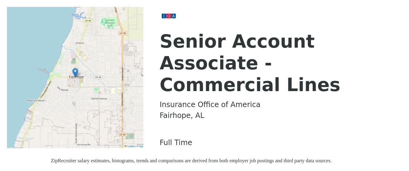 Insurance Office of America job posting for a Senior Account Associate - Commercial Lines in Fairhope, AL with a salary of $38,900 to $54,100 Yearly with a map of Fairhope location.