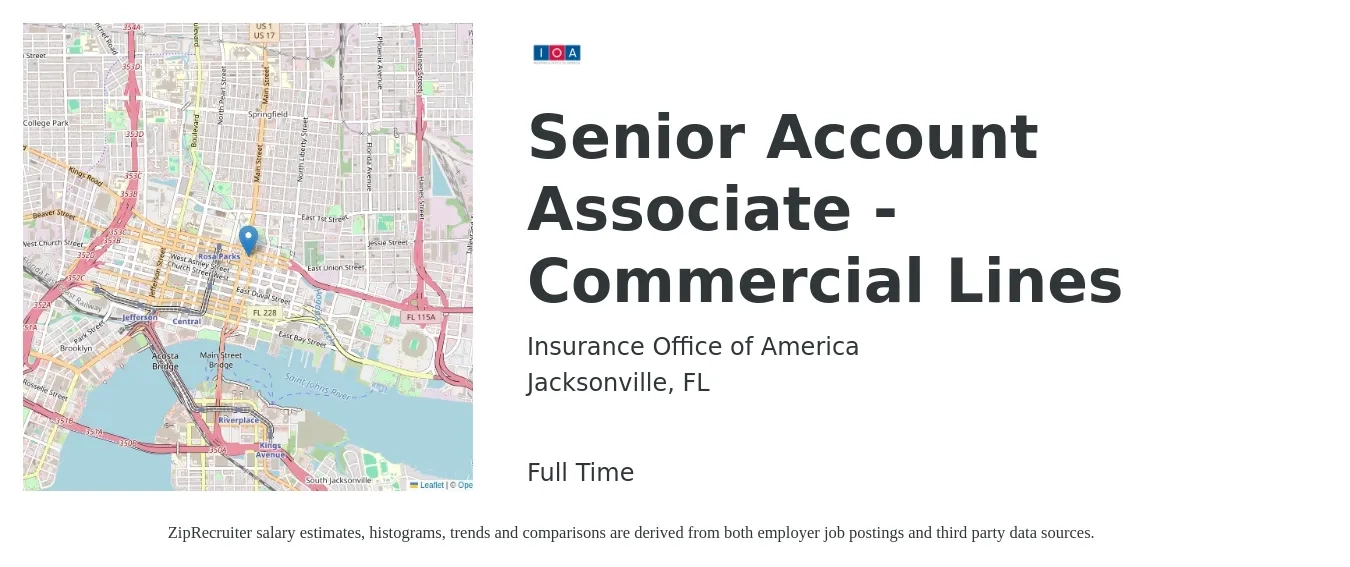 Insurance Office of America job posting for a Senior Account Associate - Commercial Lines in Jacksonville, FL with a salary of $40,300 to $56,100 Yearly with a map of Jacksonville location.