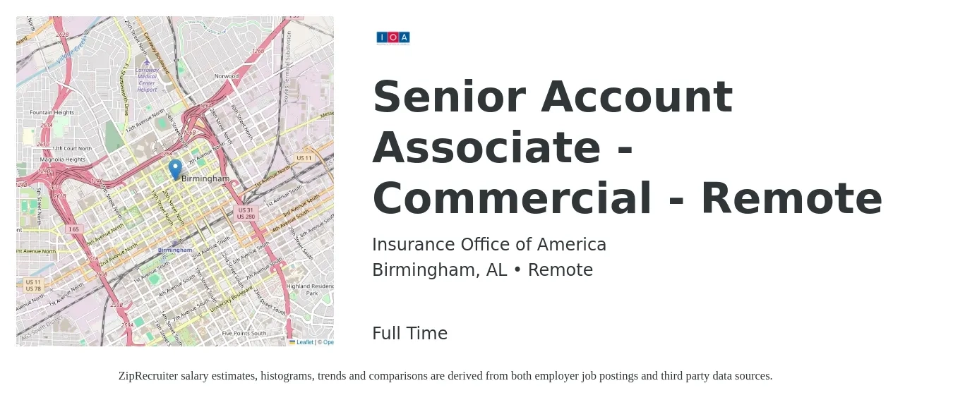 Insurance Office of America job posting for a Senior Account Associate - Commercial - Remote in Birmingham, AL with a salary of $44,500 to $60,400 Yearly with a map of Birmingham location.