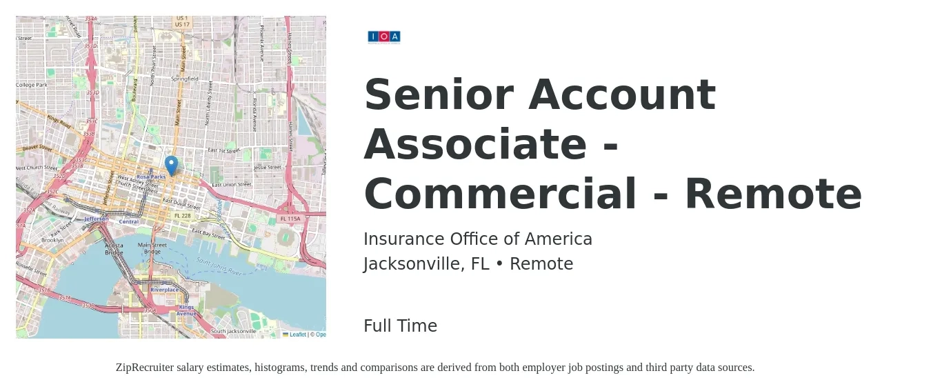 Insurance Office of America job posting for a Senior Account Associate - Commercial - Remote in Jacksonville, FL with a salary of $44,000 to $59,800 Yearly with a map of Jacksonville location.