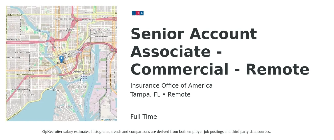 Insurance Office of America job posting for a Senior Account Associate - Commercial - Remote in Tampa, FL with a salary of $57,200 to $110,100 Yearly with a map of Tampa location.
