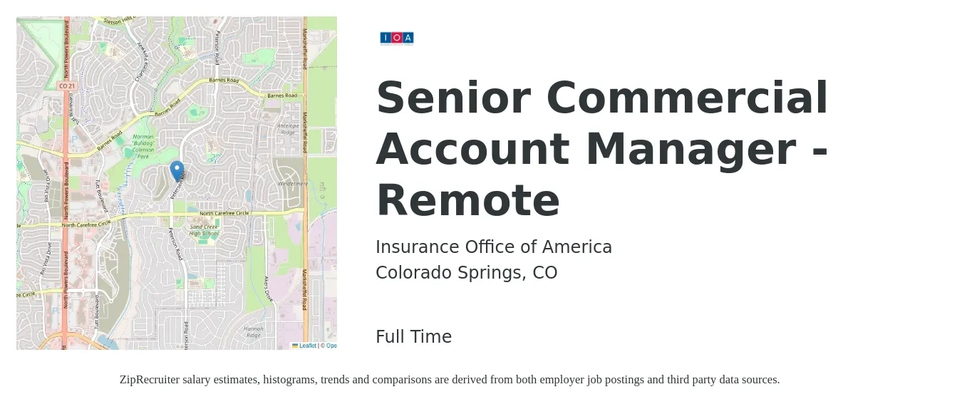 Insurance Office of America job posting for a Senior Commercial Account Manager - Remote in Colorado Springs, CO with a salary of $76,400 to $120,200 Yearly with a map of Colorado Springs location.