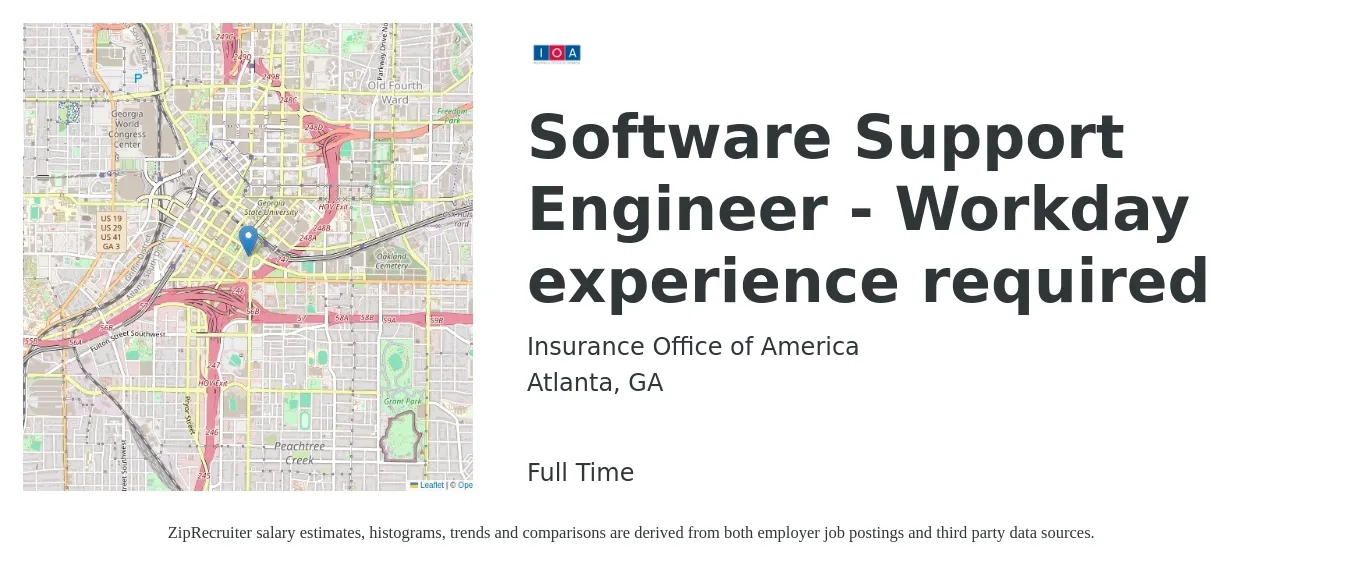Insurance Office of America job posting for a Software Support Engineer - Workday experience required in Atlanta, GA with a salary of $53,900 to $120,200 Yearly with a map of Atlanta location.