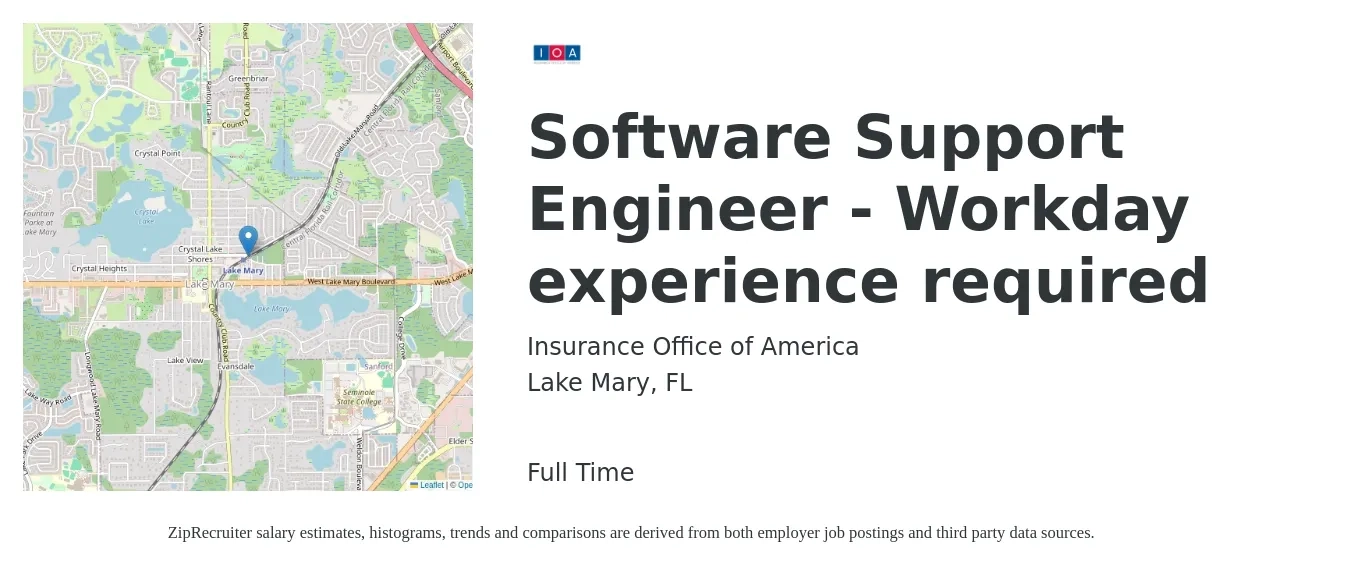 Insurance Office of America job posting for a Software Support Engineer - Workday experience required in Lake Mary, FL with a salary of $49,000 to $109,300 Yearly with a map of Lake Mary location.
