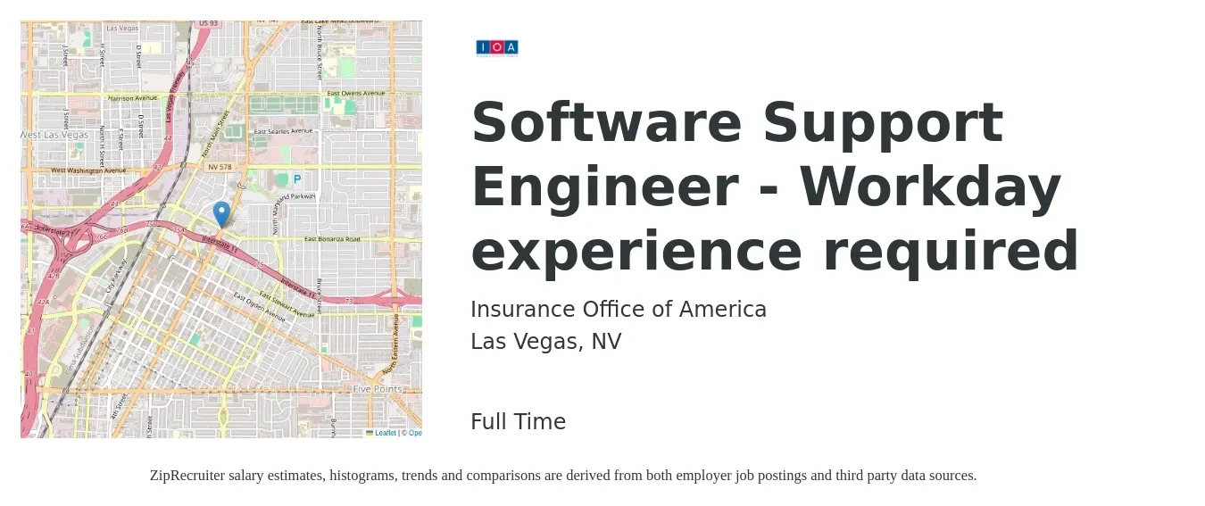 Insurance Office of America job posting for a Software Support Engineer - Workday experience required in Las Vegas, NV with a salary of $53,500 to $119,400 Yearly with a map of Las Vegas location.
