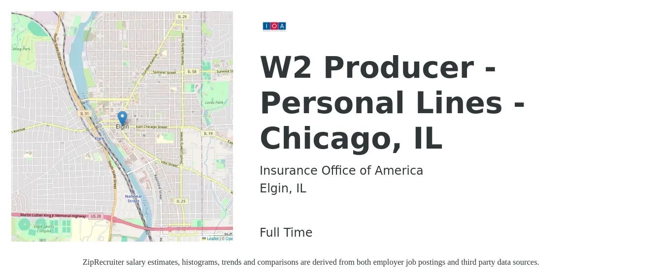 Insurance Office of America job posting for a W2 Producer - Personal Lines - Chicago, IL in Elgin, IL with a salary of $38,800 to $52,200 Yearly with a map of Elgin location.