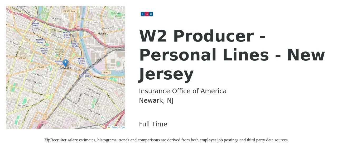 Insurance Office of America job posting for a W2 Producer - Personal Lines - New Jersey in Newark, NJ with a salary of $40,800 to $54,900 Yearly with a map of Newark location.