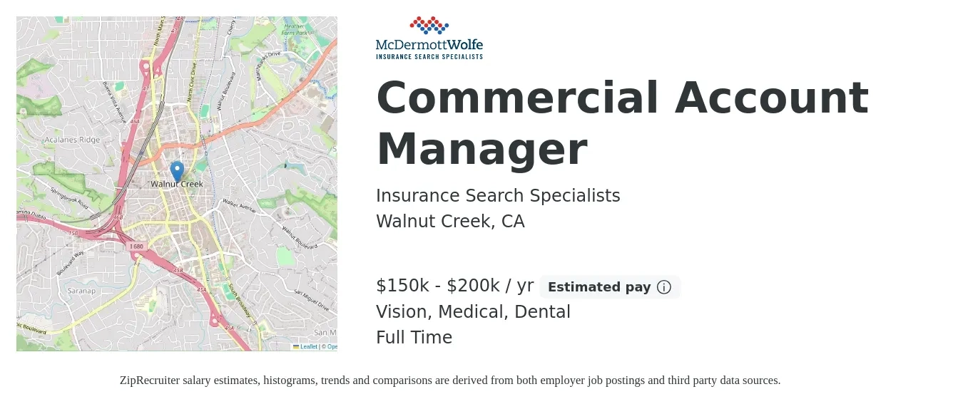 Insurance Search Specialists job posting for a Commercial Account Manager in Walnut Creek, CA with a salary of $100,000 to $110,000 Yearly and benefits including dental, life_insurance, medical, pto, retirement, and vision with a map of Walnut Creek location.
