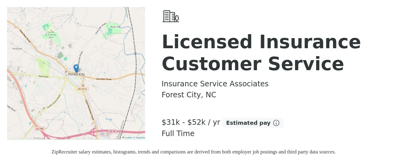 Insurance Service Associates job posting for a Licensed Insurance Customer Service in Forest City, NC with a salary of $31,200 to $52,000 Yearly with a map of Forest City location.