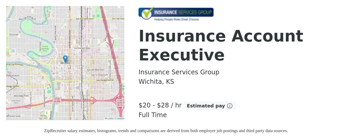 Insurance Services Group job posting for a Insurance Account Executive in Wichita, KS with a salary of $21 to $30 Hourly with a map of Wichita location.