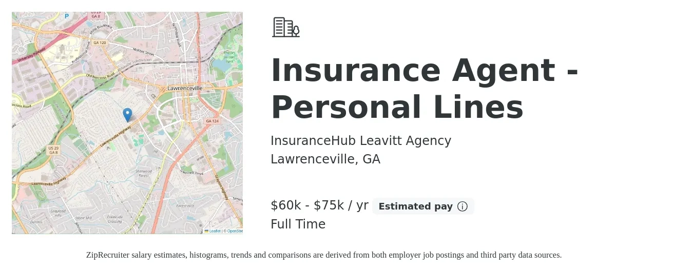 InsuranceHub Leavitt Agency job posting for a Insurance Agent - Personal Lines in Lawrenceville, GA with a salary of $60,000 to $75,000 Yearly with a map of Lawrenceville location.