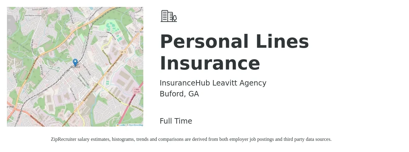 InsuranceHub Leavitt Agency job posting for a Personal Lines Insurance in Buford, GA with a salary of $39,700 to $54,700 Yearly with a map of Buford location.