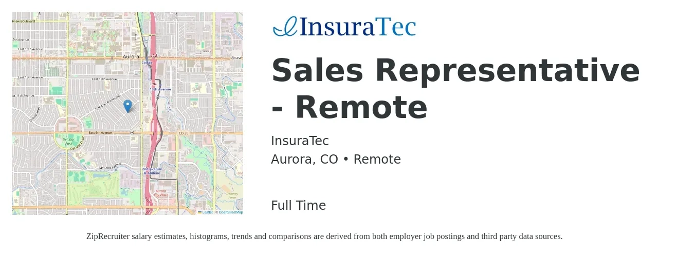 InsuraTec job posting for a Sales Representative - Remote in Aurora, CO with a salary of $54,400 to $94,500 Yearly with a map of Aurora location.
