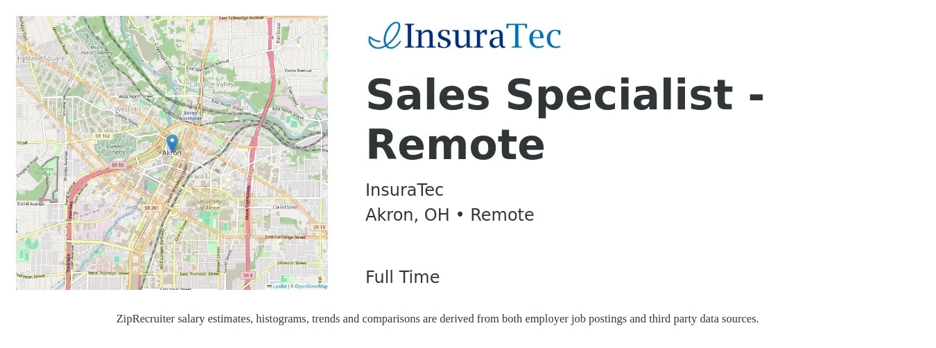 InsuraTec job posting for a Sales Specialist - Remote in Akron, OH with a salary of $43,100 to $95,200 Yearly with a map of Akron location.
