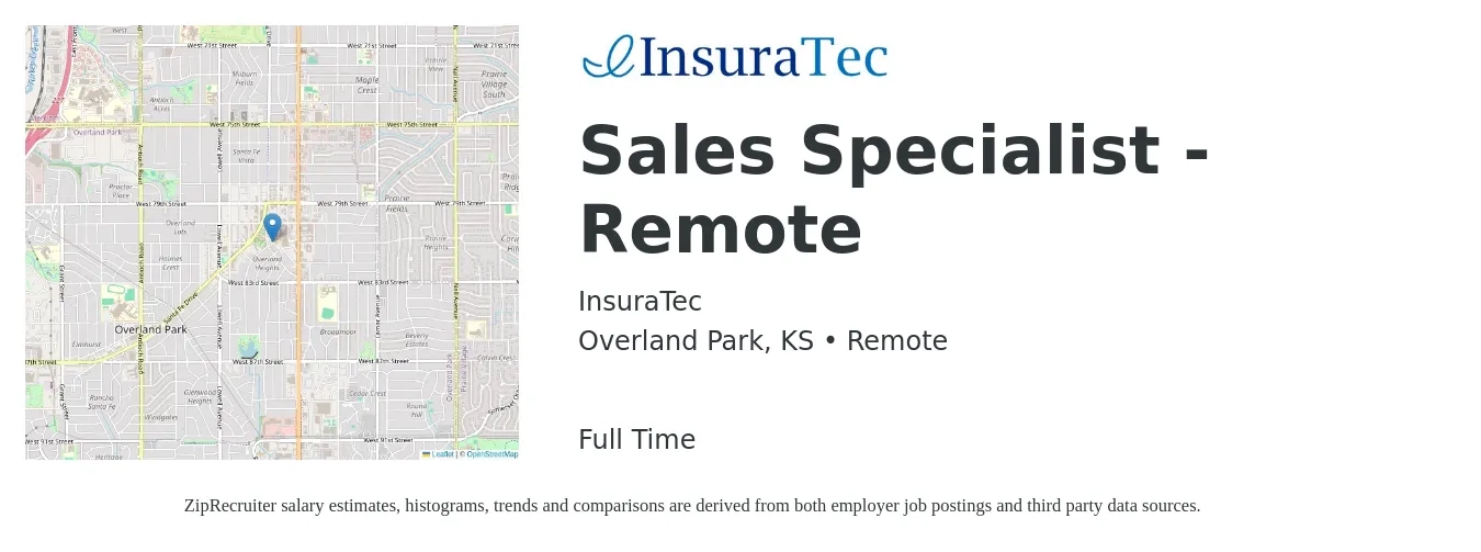 InsuraTec job posting for a Sales Specialist - Remote in Overland Park, KS with a salary of $44,500 to $98,300 Yearly with a map of Overland Park location.