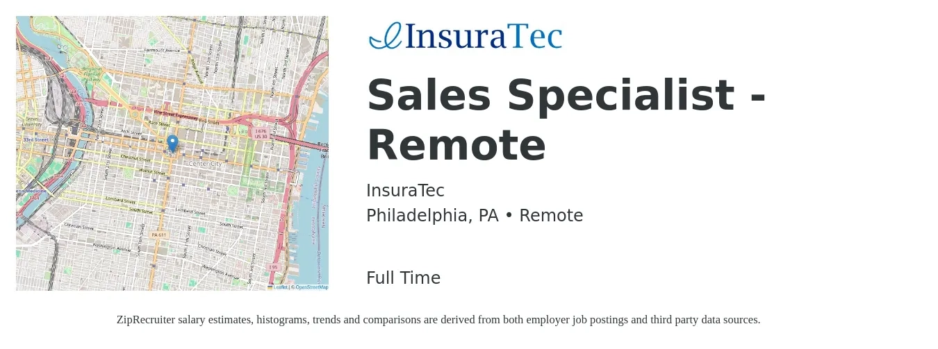 InsuraTec job posting for a Sales Specialist - Remote in Philadelphia, PA with a salary of $45,400 to $100,400 Yearly with a map of Philadelphia location.