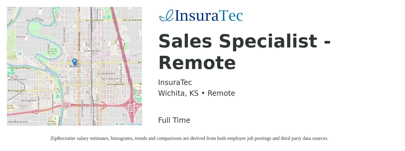 InsuraTec job posting for a Sales Specialist - Remote in Wichita, KS with a salary of $40,300 to $89,000 Yearly with a map of Wichita location.