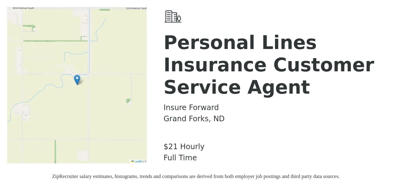 Insure Forward job posting for a Personal Lines Insurance Customer Service Agent in Grand Forks, ND with a salary of $20 Hourly with a map of Grand Forks location.