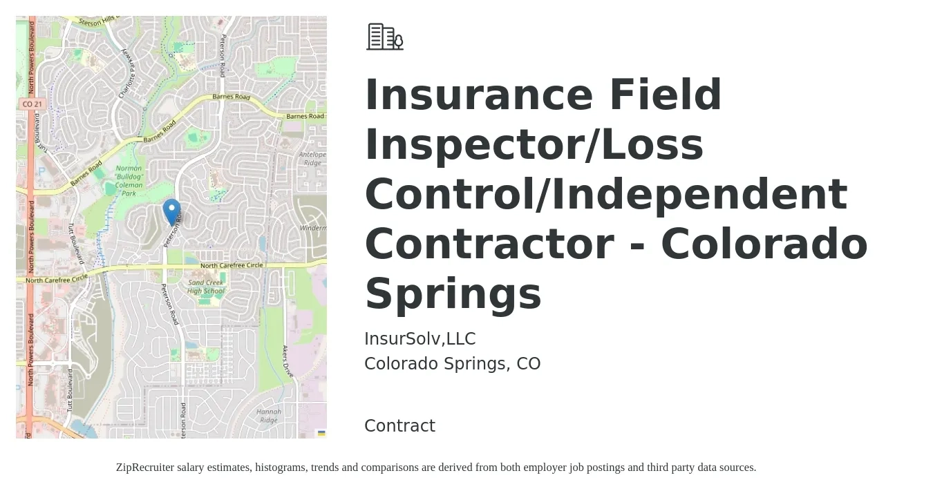 InsurSolv,LLC job posting for a Insurance Field Inspector/Loss Control/Independent Contractor - Colorado Springs in Colorado Springs, CO with a salary of $20 to $30 Hourly with a map of Colorado Springs location.