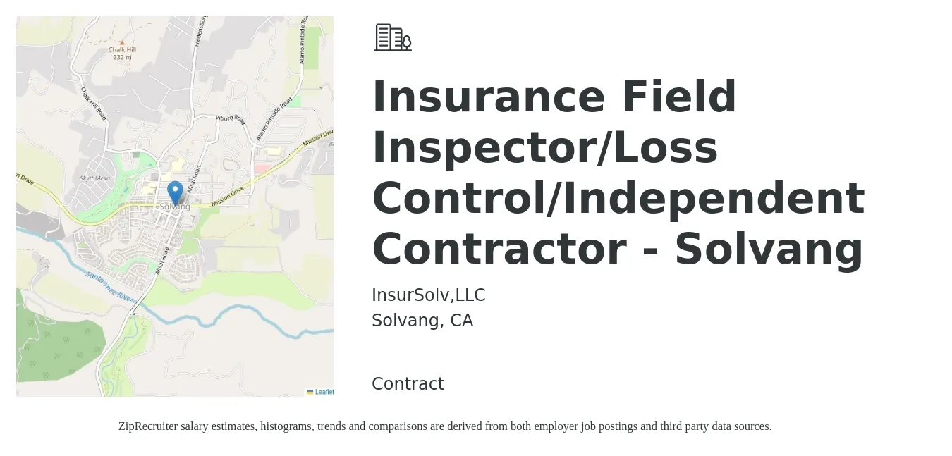 InsurSolv,LLC job posting for a Insurance Field Inspector/Loss Control/Independent Contractor - Solvang in Solvang, CA with a salary of $21 to $31 Hourly with a map of Solvang location.