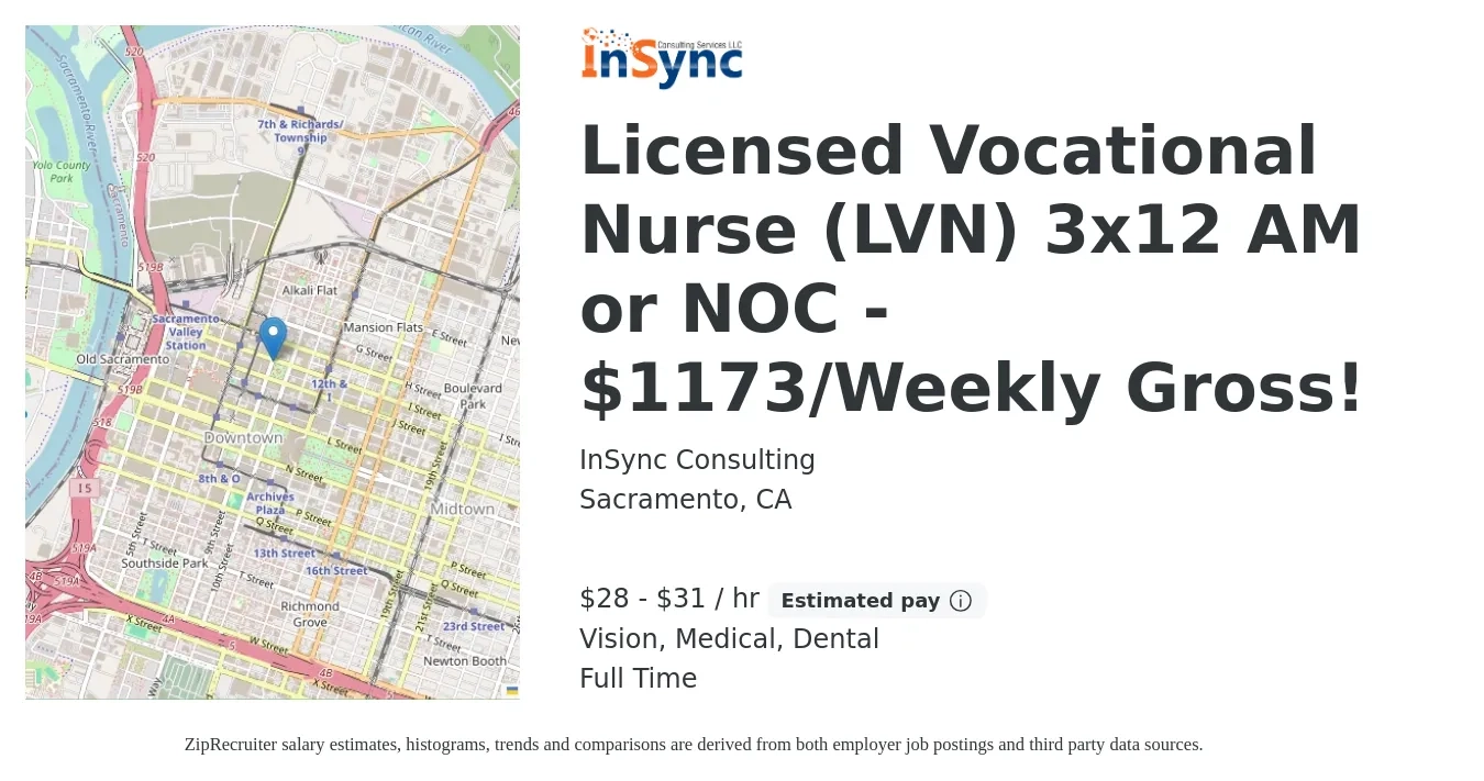 InSync Consulting job posting for a Licensed Vocational Nurse (LVN) 3x12 AM or NOC - $1173/Weekly Gross! in Sacramento, CA with a salary of $30 to $33 Hourly and benefits including dental, medical, pto, retirement, and vision with a map of Sacramento location.