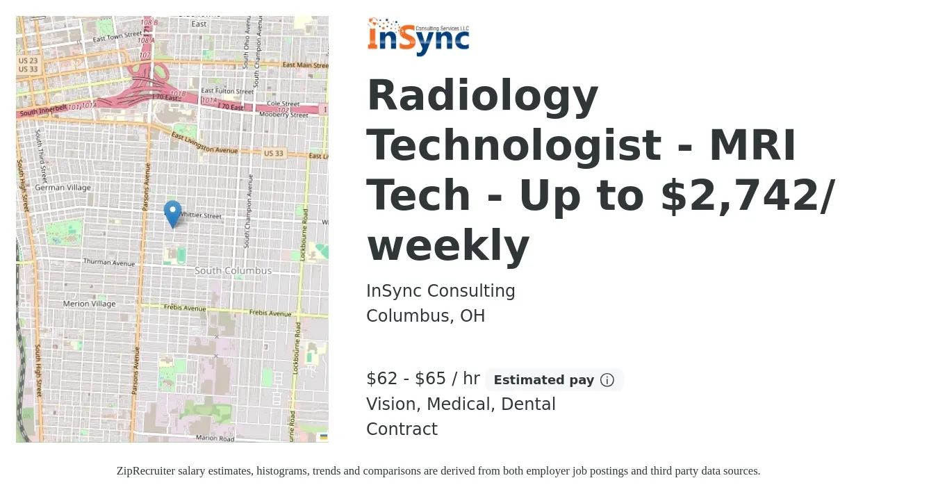 InSync Consulting job posting for a Radiology Technologist - MRI Tech - Up to $2,742/ weekly in Columbus, OH with a salary of $65 to $68 Hourly and benefits including pto, retirement, vision, dental, and medical with a map of Columbus location.