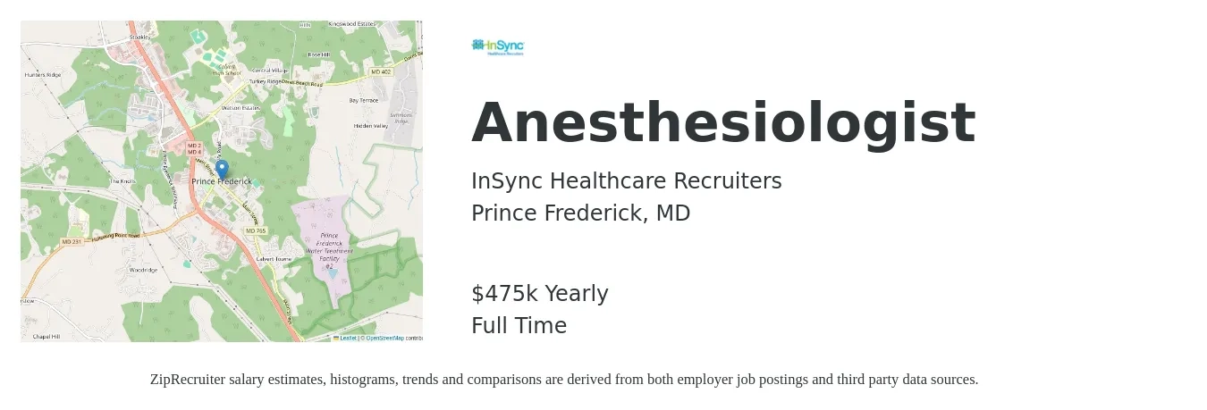 InSync Healthcare Recruiters job posting for a Anesthesiologist in Prince Frederick, MD with a salary of $475,000 Yearly with a map of Prince Frederick location.