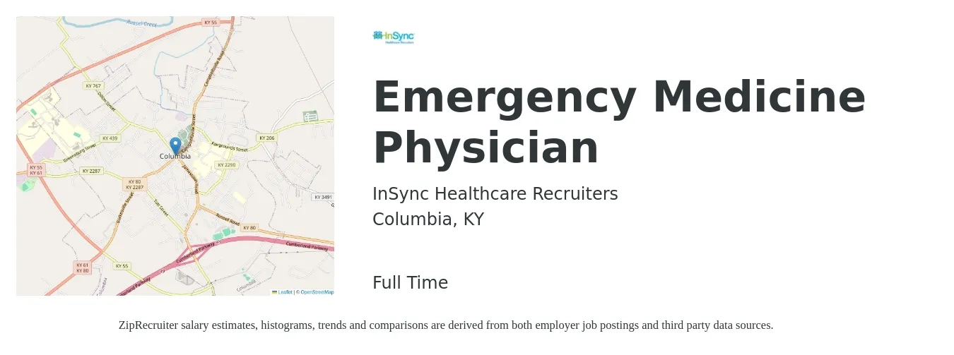 InSync Healthcare Recruiters job posting for a Emergency Medicine Physician in Columbia, KY with a salary of $108 to $172 Hourly with a map of Columbia location.