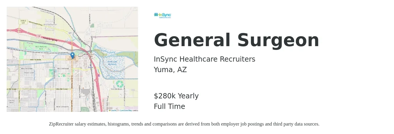 InSync Healthcare Recruiters job posting for a General Surgeon in Yuma, AZ with a salary of $280,000 Yearly with a map of Yuma location.
