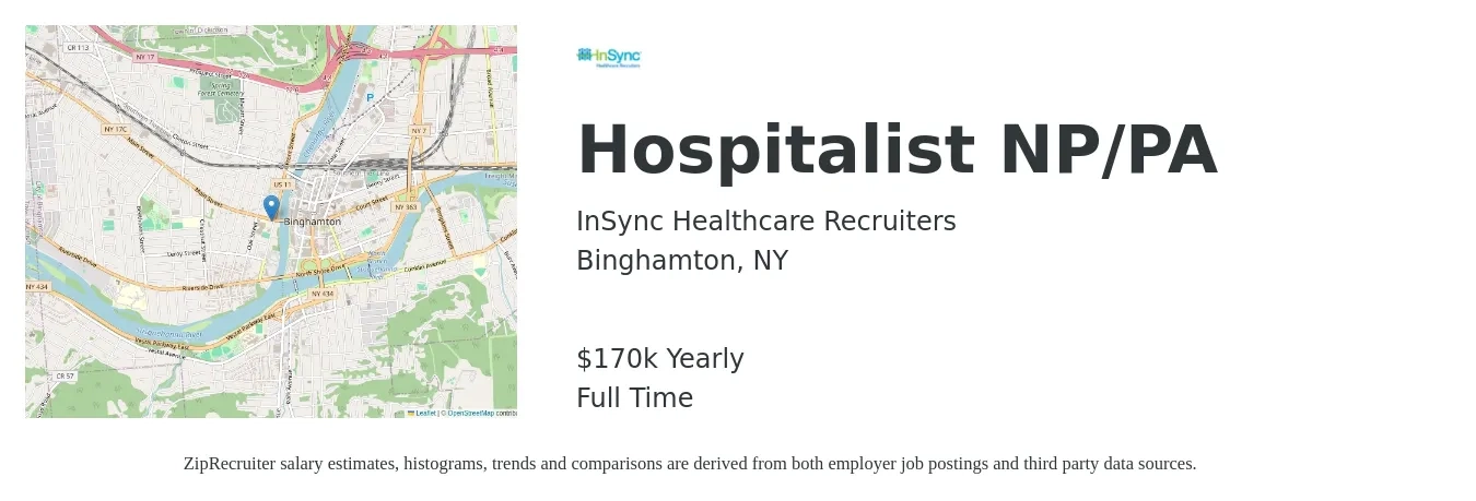 InSync Healthcare Recruiters job posting for a Hospitalist NP/PA in Binghamton, NY with a salary of $170,000 Yearly with a map of Binghamton location.