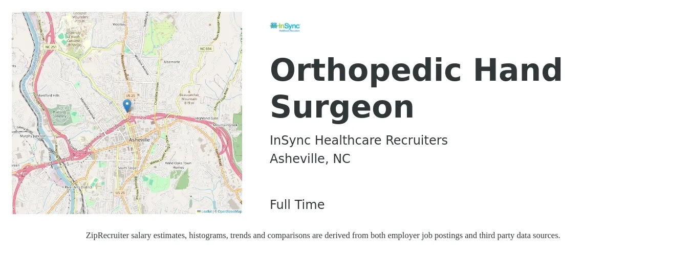 InSync Healthcare Recruiters job posting for a Orthopedic Hand Surgeon in Asheville, NC with a salary of $305,400 to $330,900 Yearly with a map of Asheville location.