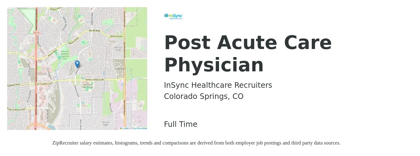 InSync Healthcare Recruiters job posting for a Post Acute Care Physician in Colorado Springs, CO with a salary of $184,100 to $236,900 Yearly with a map of Colorado Springs location.